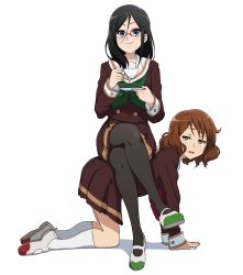 2girls :3 all_fours black_hair black_socks blue_eyes brown_eyes brown_hair brown_serafuku cup full_body glasses green_neckerchief hair_between_eyes hibike!_euphonium highres human_chair human_furniture kicchi_(tmgk) kneehighs long_hair multiple_girls neckerchief oumae_kumiko over-rim_eyewear pantyhose pink_neckerchief red-framed_eyewear saucer school_uniform semi-rimless_eyewear serafuku shoes short_hair simple_background sitting sitting_on_person socks tanaka_asuka teacup uwabaki white_background white_legwear