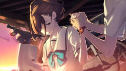 1boy 1girl bags_under_eyes blue_bow blue_stripes bow braid brown_eyes brown_hair chest_bow chuo_tanegashima_high_school_uniform collared_shirt cropped_shirt exhausted facing_down fukuda_tomonori game_cg hair_between_eyes hand_grab high_ponytail highres looking_down motor_vehicle narrowed_eyes non-web_source official_art open_mouth ponytail ponytail_with_braided_base red_sky robotics;notes sailor_collar school_uniform scooter senomiya_akiho shade shirt short_sleeves sky sunlight sunset sweat sweatdrop tongue twilight watch white_sailor_collar white_shirt wristwatch yashio_kaito