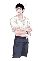 Rule 34 | 1boy, :d, ?, aierlaobo, belt, black hair, blue pants, bright pupils, brown belt, collarbone, collared shirt, commentary, cropped legs, denim, douglas graves, english commentary, father&#039;s day, highres, jeans, male focus, mature male, open mouth, pants, partially unbuttoned, pink eyes, shirt, shirt partially tucked in, short hair, short sleeves, simple background, sleeves rolled up, smile, solo, teeth, the coffin of andy and leyley, tongue, upper teeth only, very short hair, watch, white background, white pupils, white shirt, wristwatch