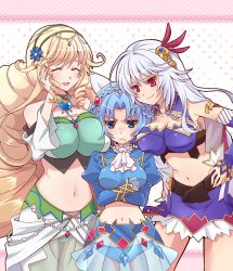 &gt;:) 10s 3girls :d :t ^_^ bad_id bad_pixiv_id breast_envy breast_hold breast_press breasts closed_eyes drill_hair eleonora_viltaria frown girl_sandwich hair_ornament hand_on_own_cheek hand_on_own_face hands_on_own_hips large_breasts ludmila_lourie madan_no_ou_to_vanadis midriff multiple_girls navel open_mouth pout sandwiched see-through_clothes see-through_skirt skirt smile sofya_obertas soraneko_(artist) twin_drills v-shaped_eyebrows