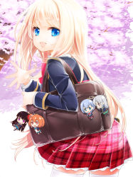 1girl :d ask02 bag black_hair black_thighhighs blonde_hair blue_eyes blue_hair braid brown_eyes brown_hair character_doll charm_(object) cherry_blossoms chloe_lemaire doll fang girlfriend_(kari) highres long_hair long_sleeves murakami_fumio open_mouth outstretched_arms pink_eyes plaid_clothes plaid_skirt pleated_skirt purple_eyes school_uniform shiranui_isuzu short_hair silver_hair skirt smile thighhighs tomura_michiru twin_braids very_long_hair white_thighhighs yulia_valkova zettai_ryouiki