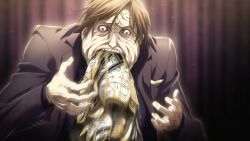 Rule 34 | 1boy, beard stubble, big belly, black jacket, black shirt, bloated, blood, bloodshot eyes, bloody tears, brown hair, chaos;child, curtains, facial hair, fingernails, formal clothes, game cg, highres, inflation, jacket, lapels, necktie, non-web source, notched lapels, official art, open clothes, open jacket, popped button, sasaki mutsumi, shirt, short hair, solo, standing, striped clothes, striped shirt, stubble, suit, sumo sticker (chaos;child), teeth, vertical-striped clothes, vertical-striped shirt, very short hair, vomit, vomiting, watabe tomoaki, wide-eyed, wrinkled skin, yellow eyes, yellow necktie
