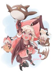 1girl :d absurdres ahoge animal_ears arm_up artist_name bird blonde_hair boar brown_gloves brown_skirt cape chibi dark_skin facepaint fang gem gloves hat highres holding ichicamaru long_hair looking_at_viewer lop_rabbit_ears multiple_views open_mouth pieberry_(witch_springs) pink_eyes pleated_skirt rabbit_ears red_eyes skin_fang skirt smile staff thighhighs twitter_username white_hair witch_hat witch_springs