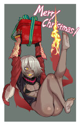 Rule 34 | 1girl, absurdres, arm guards, arms up, barefoot, bikini, black bikini, blush, box, breasts, chinese commentary, christmas present, colored tongue, commentary request, dark-skinned female, dark skin, ebonyxh, english text, eyes visible through hair, fingerless gloves, freckles, full body, gift, gloves, glowing tongue, grey background, hair over one eye, highres, jacket, long sleeves, merry christmas, ninja slayer, open clothes, open jacket, open mouth, original, red jacket, ringed eyes, scarf, short hair, simple background, small breasts, snowflake print, solaria (ebonyxh), swimsuit, teeth, tongue, tongue out, white background, white hair, yellow eyes, yellow nails, yellow tongue