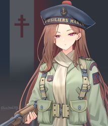 Rule 34 | 1girl, absurdres, ammunition pouch, anchor symbol, artist name, belt, beret, black hat, brown belt, brown hair, brown scarf, closed mouth, commentary, flag background, french army, french flag, green jacket, gun, hat, highres, holding, holding gun, holding weapon, jacket, leochan1202, long hair, long sleeves, looking at viewer, m1 carbine, military, military uniform, original, patch, pouch, red eyes, scarf, shoulder boards, shoulder patch, solo, suspenders, upper body, weapon, world war ii