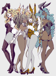 Rule 34 | 4girls, animal ears, ass, bare shoulders, black boots, black leotard, blonde hair, blue eyes, blue hair, boots, bow, bowtie, breasts, cleavage, covered navel, dark-skinned female, dark skin, detached collar, fake animal ears, fake tail, fishnet leotard, fishnet pantyhose, fishnet thighhighs, fishnets, high heel boots, high heels, highleg, highleg leotard, highres, large breasts, leotard, long hair, looking at viewer, multiple girls, nanasemomoka, original, pantyhose, playboy bunny, rabbit ears, rabbit tail, strapless, strapless leotard, tail, thigh boots, thighhighs, thighs, traditional bowtie, white leotard, white wrist cuffs, wrist cuffs, yellow eyes, yellow leotard