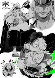 1boy beer_bottle chest_tattoo coat dinosaur earrings fangs fangs_out hat highres holding holding_sword holding_weapon horns jewelry katana kusatten_nbo long_hair looking_at_viewer monochrome multiple_views one_piece open_mouth peaked_cap sasaki_(one_piece) sharp_teeth spot_color sword tattoo teeth v-shaped_eyebrows weapon