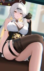 1girl 4kebidayo absurdres ahoge asymmetrical_gloves bare_shoulders bird bird_on_hand black_bird black_gloves black_shorts black_thighhighs blurry blurry_background breasts cleavage coin coin_on_string collared_shirt colored_inner_hair commentary_request crossed_legs dutch_angle fingerless_gloves gloves gold_armlet gold_trim hair_between_eyes hair_ornament hand_up high-waist_shorts highres large_breasts long_hair long_legs looking_at_viewer multicolored_hair shirt shorts single_hair_intake single_thighhigh sitting sleeveless sleeveless_shirt solo tassel thigh_strap thighhighs thighs uneven_gloves very_long_hair white_hair white_shirt yellow_eyes yin_yang_pin yixuan_(zenless_zone_zero) zenless_zone_zero