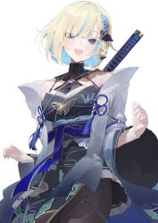1girl absurdres aizawa_ema aizawa_ema_(5th_costume) aqua_hair bare_shoulders blonde_hair blue_eyes colored_inner_hair hair_ornament highres long_sleeves looking_at_viewer multicolored_hair pantyhose short_hair solo streaked_hair sword virtual_youtuber vspo! weapon weapon_on_back yu_(ba9ama)