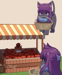 Rule 34 | absurdres, animal, animal focus, animalization, basket, brown background, cat, fern (sousou no frieren), food, grass, highres, j humbo, long hair, no humans, purple eyes, purple hair, scarf, signature, simple background, sousou no frieren, stark (sousou no frieren), tomato