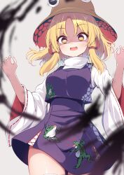 1girl absurdres animal_print blonde_hair blurry blurry_foreground blush breasts brown_headwear commentary_request cowboy_shot darkness darumoon detached_sleeves frog_print grey_background high-waist_skirt highres looking_at_viewer medium_breasts miniskirt moriya_suwako open_mouth purple_skirt rectangular_pupils ribbon-trimmed_sleeves ribbon_trim sidelocks simple_background skirt solo thighhighs thighs touhou turtleneck wide_sleeves yellow_eyes zettai_ryouiki