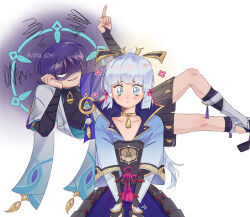 1boy 1girl armor artist_name aura ayaka_(genshin_impact) behind_another blue_eyes blue_hair blunt_bangs bridal_gauntlets closed_mouth collarbone commentary couple dark_aura english_commentary evil_grin evil_smile floating genshin_impact glowing grin hair_between_eyes hair_ornament hair_ribbon head_rest high_collar high_ponytail highres japanese_armor japanese_clothes knee_up light_blush long_hair looking_at_viewer loving_aura lying middle_finger on_side one-eyed parted_lips pink_ribbon ponytail ribbon riina_606 scaramouche_(genshin_impact) seiza shaded_face short_hair short_sleeves shorts simple_background sitting smile smirk twitter_username white_background wide_sleeves