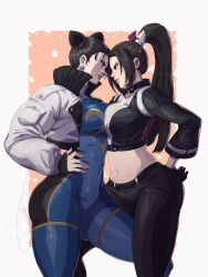2girls akiman_pose black_jumpsuit breast_contest breast_press breast_zipper breasts brown_eyes brown_hair bun_cover capcom china_dress chinese_clothes chun-li confrontation crossover double_bun dress earrings eye_contact face-to-face faceoff fatal_fury fatal_fury:_city_of_the_wolves h_potemkin hair_bun highres jewelry jumpsuit large_breasts leather leather_pants long_hair looking_at_another motoyui multiple_girls noses_touching pants parody pearl_earrings ponytail rivalry shiranui_mai snk street_fighter symmetrical_docking