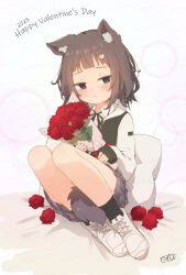 1girl animal_ears between_legs black_eyes black_hair borrowed_character bouquet cat_ears cat_girl cat_tail coreytaiyo flower full_body happy_valentine highres holding holding_bouquet jacket long_sleeves looking_at_viewer medium_hair open_clothes open_jacket original plaid_clothes plaid_skirt pleated_skirt red_flower red_rose rose shirt shoes simple_background sitting sitting_on_pillow skirt sleeves_past_wrists tail tail_between_legs white_background white_shirt white_shoes