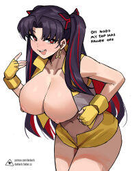 Rule 34 | 1girl, alternate breast size, artist logo, black hair, blush, breasts, bright pupils, collarbone, commentary, cowboy shot, curtained hair, donburi (donburikazoku), earrings, english commentary, english text, eyebrows hidden by hair, fanbox username, fate/grand order, fate (series), fingerless gloves, gloves, grey vest, hair ribbon, hand up, hanging breasts, highres, ishtar (fate), jewelry, large breasts, leaning forward, logo, long hair, looking at viewer, multicolored hair, naughty face, navel, nipples, no bra, nose blush, open fly, open mouth, parted bangs, patreon logo, patreon username, raised eyebrow, red eyes, red hair, ribbon, short shorts, shorts, simple background, smile, solo, space ishtar (fate), space ishtar (second ascension) (fate), teeth, two-tone hair, two-tone vest, two side up, upper teeth only, very long hair, vest, watermark, web address, white background, white pupils, yellow gloves, yellow shorts, yellow vest