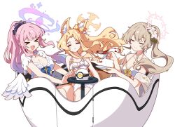 &gt;_&lt; 3girls :d alternate_costume alternate_hairstyle angel_wings animal_ears bikini blonde_hair blue_archive blue_ribbon bow brown_hair closed_eyes closed_mouth cup flower fox_ears green_ribbon hair_bow hair_flower hair_ornament halo highres holding holding_cup holding_plate ideolo long_hair mika_(blue_archive) multiple_girls nagisa_(blue_archive) open_mouth pink_hair pink_halo plate ponytail ribbon seia_(blue_archive) simple_background smile spinning_teacup sweatdrop swimsuit tea teacup white_background white_bikini wings xd yellow_halo