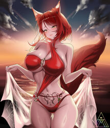 1girl animal_ear_fluff animal_ears artist_logo bare_shoulders bikini breasts character_request cloud commission copyright_request dawn gluteal_fold hair_between_eyes highres large_breasts linea_alba logo mad_kimo navel parted_lips red_bikini red_hair red_tail sky solo stomach_tattoo swimsuit tail tassel tattoo thigh_gap water yellow_eyes