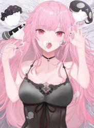 Rule 34 | 1girl, absurdres, alternate costume, black scrunchie, breasts, earrings, highres, hololive, hololive english, hyaui kazuki, jewelry, long hair, looking at viewer, messy hair, mori calliope, mori calliope (sleepwear), official alternate costume, open mouth, pink eyes, pink hair, scrunchie, skull collar, skull earrings, sleep mask, sleepwear, solo, tongue, virtual youtuber