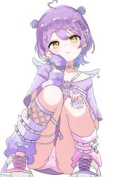 1girl absurdres ahoge arm_warmers bandaid bandaid_on_leg blush bow braid chest_harness choker closed_mouth double_bun ear_piercing gauze_on_knee hair_bow hair_bun hair_ornament hairclip harness heart heart_ahoge highres leg_warmers looking_at_viewer panties piercing pink_panties purple_hair purple_shirt shinomiya_runa shinomiya_runa_(4th_costume) shirt shoes simple_background solo squatting underwear virtual_youtuber vspo! white_background white_bow white_choker white_wings wings yamaoka_remu yellow_eyes