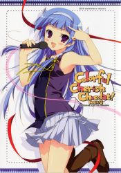 00s 1girl absurdres armpits blue_hair blunt_bangs blush boots chikotam cover female_focus flat_chest hairband happy highres ichijinsha jumping kannagi kannagi_(manga) long_hair microphone nagi nagi_(kannagi) pleated_skirt pointing purple_eyes ribbon skirt solo white_skirt