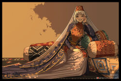 Rule 34 | 1girl, artist name, borrowed character, carpet, dappled sunlight, dress, embroidery, fez hat, fingernails, georgia (country), georgian clothes, hand on own face, hand on own hip, highres, historical connection, long dress, mole, mole under eye, monochrome, multiple moles, nika (usergore), original, patreon logo, patreon username, photo-referenced, pillow, signature, smile, sphenodaile, sunlight, teeth, traditional dress, translated, veil
