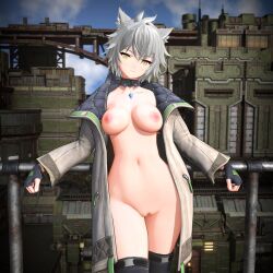 1girl 3d animal_ear_fluff animal_ears blobcg breasts cat_ears chest_jewel coat curvy fingerless_gloves gloves grey_hair highres jacket large_breasts looking_at_viewer messy_hair na&#039;el_(xenoblade) naked_coat nipples open_clothes open_jacket outdoors pussy seductive_smile smile solo wide_hips xenoblade_chronicles_(series) xenoblade_chronicles_3 xenoblade_chronicles_3:_future_redeemed yellow_eyes