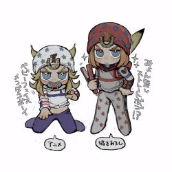 2boys alternate_hairstyle beanie blonde_hair blue_eyes blue_hair blue_pants chibi chibi_only commentary commentary_request curling_iron dual_persona grey_hoodie grey_pants hat heart_ornament highres hood hood_down hoodie horseshoe_hat_ornament horseshoe_ornament johnny_joestar jojo_no_kimyou_na_bouken kneeling looking_at_viewer male_focus mouth_hold multiple_boys neg_50asu orange_hair pacifier pants red_hat red_hood short_sleeves standing star_(symbol) star_print steel_ball_run translation_request white_background white_hoodie wristband