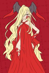 absurdres blonde_hair cosplay demon_horns dress fate/extra fate/grand_order fate/grand_order_arcade fate_(series) highres horns long_horns nero_claudius_(fate) non-web_source queen_draco_(fate) queen_draco_(fate)_(cosplay) queen_draco_(first_ascension)_(fate) red_dress red_scales