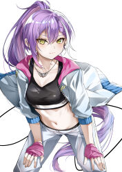 1girl absurdres black_sports_bra breasts closed_mouth collarbone earrings fingerless_gloves gloves grey_jacket grey_pants hands_on_own_knees highres hololive hood hood_down hooded_jacket jacket jewelry leaning_forward long_hair medium_breasts momochi_(hana_tubakino) navel open_clothes open_jacket pants pink_gloves ponytail purple_hair simple_background smile solo sports_bra standing tokoyami_towa very_long_hair virtual_youtuber white_background yellow_eyes