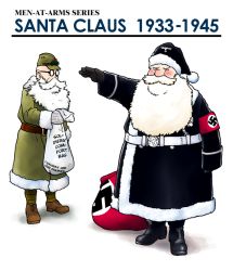 Rule 34 | 2boys, armband, beard, black santa costume, blue eyes, boots, christmas, coat, facial hair, germany, gloves, green santa costume, hard-translated, hat, hayami rasenjin, imperial japanese army, japan, male focus, military, military hat, military uniform, multiple boys, nazi, sack, salute, santa claus, santa costume, santa hat, straight-arm salute, swastika, third-party edit, translated, white background