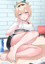 1girl aqua_nails arm_support bare_legs barefoot black_shorts blonde_hair blue_eyes blush bottle brown_hairband character_name collarbone convenient_leg corrupted_twitter_file crop_top crossed_bangs feet full_body hair_ornament hairband hand_up highres holding holding_towel hololive hololive_dance_practice_uniform indoors kazama_iroha leaf_hair_ornament legs long_hair looking_at_viewer nail_polish namakatsu off_shoulder on_ground open_mouth ponytail shoes short_shorts shorts single_bare_shoulder sitting solo toenail_polish toenails toes towel unworn_shoes virtual_youtuber water_bottle wooden_floor