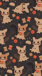animal_focus black_background black_eyes bow bowtie buttons closed_mouth dotted_line full_body gen_7_pokemon mimikyu needle nintendo no_humans orange_bow orange_bowtie patch pokemon pokemon_(creature) satsumapotato sewing_needle sewing_pin sparkle wavy_mouth