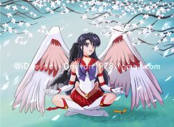 Rule 34 | 1girl, angel wings, animal, animal on arm, animal on shoulder, bird, bird on arm, bird on shoulder, bishoujo senshi sailor moon, black bird, black hair, boots, crossed legs, crow, gloves, happy, hino rei, hugging own legs, indian style, knee boots, kneecap, kneecaps, leggings, legs, long hair, long legs, magical girl, meditation, on floor, on ground, open mouth, purple eyes, purple hair, red skirt, resting, sailor mars, sitting, skirt, smile, super sailor mars (stars), very long hair, white footwear, white gloves, wings, yellow star