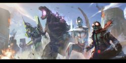 bandai blue_sky cloud cloudy_sky creator_connection crossover energy energy_beam eva_01 explosion gainax glowing glowing_eyes glowing_hand glowing_mouth glowing_spikes godzilla godzilla_(series) godzilla_(shin) highres kaiju kamen_rider kamen_rider_1 kamen_rider_1_(shin) khara_(animation_studio) letterboxed masashi_toy mecha multiple_crossover neon_genesis_evangelion particle_beam particles robot shin_godzilla shin_japan_heroes_universe shin_kamen_rider shin_ultraman sky spacium_beam spikes toho tsuburaya_productions ultra_series ultraman ultraman_(1st_series) ultraman_(shin)