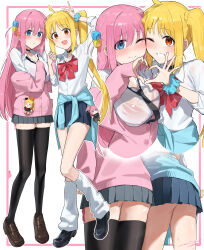 2girls :d absurdres ahoge arm_up black_necktie black_shoes black_thighhighs blonde_hair blue_eyes blue_skirt blue_sweater blush bocchi_the_rock! bow bowtie breasts brown_shoes cardigan closed_mouth clothes_around_waist collared_shirt commentary cube_hair_ornament gotoh_hitori hair_between_eyes hair_ornament heart heart_hands heart_hands_duo highres ijichi_nijika kneehighs large_breasts loafers long_hair long_sleeves looking_at_viewer loose_socks miniskirt multiple_girls necktie off_shoulder one_side_up open_mouth outline pink_cardigan pink_hair pleated_skirt red_bow red_bowtie red_eyes school_uniform see-through_clothes see-through_shirt seisyuntarotto shimokitazawa_high_school_uniform shirt shoes side_ponytail signature skirt smile socks standing sweater sweater_around_waist symbol-only_commentary thighhighs v white_background white_outline white_shirt white_socks zettai_ryouiki