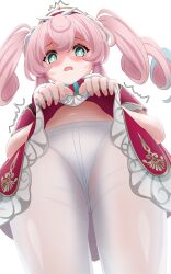1girl ^^^ absurdres aqua_eyes aqua_hair asutokun_th blush bright_pupils clothes_lift commentary dress dress_lift drill_hair from_below hat highres honkai:_star_rail honkai_(series) hyacine_(honkai:_star_rail) looking_at_viewer multicolored_hair navel open_mouth panties panties_under_pantyhose pantyhose pink_hair red_dress red_hat simple_background solo sweatdrop teeth twin_drills twintails two-tone_hair underwear upper_teeth_only white_background white_panties white_pantyhose white_pupils