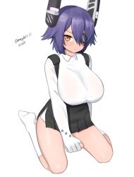 1girl absurdres atlanta_(kancolle) black_skirt breasts brown_eyes collared_shirt commentary dated dress_shirt eyepatch gloves headgear high-waist_skirt highres kantai_collection kneeling large_breasts maru_(marg0613) one-hour_drawing_challenge partially_fingerless_gloves purple_hair shirt simple_background skirt socks solo suspender_skirt suspenders tenryuu_(kancolle) tenryuu_kai_ni_(kancolle) twitter_username white_background white_gloves white_shirt white_socks