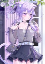 absurdres animal_ears bare_shoulders black_skirt blush breasts cat_ears cat_girl cat_tail cleavage cowboy_shot cup grey_shirt highres holding holding_cup hololive large_breasts miniskirt nekomata_okayu piyokuma purple_eyes purple_hair shirt skirt tail twintails virtual_youtuber