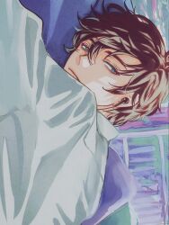 1boy bed black_hair brown_hair cheng_xiaoshi closed_mouth earphones grey_eyes hair_between_eyes highres hukusaya indoors long_sleeves looking_at_viewer looking_back lying male_focus on_bed on_stomach pillow shiguang_dailiren shirt short_hair sideways solo twitter_username upper_body white_shirt window