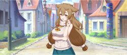 Rule 34 | 1girl, amy (konosuba), animal ear fluff, animal ears, arm under breasts, bow, braid, braided sidelock, breasts, brown eyes, brown hair, building, casual, cowboy shot, day, double-parted bangs, game cg, green skirt, hair between eyes, hair bow, hair ornament, hair scrunchie, hand on own elbow, hand up, highres, kono subarashii sekai ni shukufuku wo!, konosuba! fantastic days, large breasts, light blush, long hair, looking at viewer, low twintails, mole, mole under eye, official art, open mouth, outdoors, red bow, road, scrunchie, sidelocks, skirt, sleeveless, sleeveless sweater, smile, solo, standing, street, sweater, tachi-e, turtleneck, turtleneck sweater, twintails, very long hair, white scrunchie, white sweater