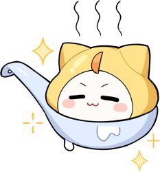 =_= ahoge animal animal_focus artist_request blush_stickers cat closed_mouth clothed_animal dripping ear_covers food-themed_creature foodification hood hood_up infinity_nikki ladle momo_(nikki) nikki_(series) no_humans non-web_source official_art smile solo sparkle steam transparent_background v-shaped_eyebrows wet white_cat yellow_hood