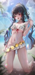Rule 34 | 1girl, artist request, beach, black hair, breasts, clothes pull, collarbone, fate/grand order, fate (series), groin, highres, kneeling, long hair, midriff, navel, plant, ponytail, sky, swimsuit, tagme, tenochtitlan (fate), tenochtitlan (swimsuit mooncancer) (fate), tenochtitlan (swimsuit mooncancer) (first ascension) (fate), underboob