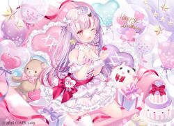 1girl ;d alternate_costume alternate_hairstyle balloon blush bow box cake cake_stand character_name choker collar copyright_name couch cross-laced_clothes cupcake cushion dress english_text fang food frilled_collar frilled_dress frills gift gift_box gradient_hair grey_hair hair_bow happy_birthday heart heart_balloon highres holding holding_wand hololive horns initial kneeling long_hair multicolored_hair nakiri_ayame off-shoulder_dress off_shoulder official_art one_eye_closed oni open_mouth pink_bow pink_choker pink_ribbon pink_scrunchie plate polka_dot poyoyo_(nakiri_ayame) purple_ribbon red_bow red_eyes red_hair red_sash ribbon sash scrunchie single_thighhigh skin-covered_horns smile solo star_(symbol) streaked_hair striped_clothes stuffed_animal stuffed_toy teddy_bear thighhighs tiara vertical-striped_clothes virtual_youtuber wand wasabi_(sekai) white_bow white_dress white_scrunchie white_thighhighs wrist_scrunchie