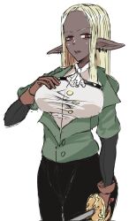 Rule 34 | 1girl, ascot, black pants, blonde hair, breast suppress, breasts, brown gloves, closed mouth, commentary, cowboy shot, dark-skinned female, dark skin, earrings, english commentary, expressionless, foil (fencing), forehead, gloves, green jacket, highres, holding, holding sword, holding weapon, jacket, jewelry, large breasts, looking at viewer, multiple earrings, original, pants, pointy ears, red eyes, shirt, sidelocks, simple background, solo, sword, weapon, weeze, white ascot, white background, white shirt