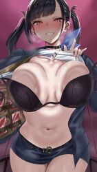 1girl against_fourth_wall artist_request black_hair blush bra breast_press breasts come_hither fary5 goddess_of_victory:_nikke grin large_breasts long_hair looking_at_viewer naughty_face pencil_skirt red_eyes skirt smile solo sora_(nikke) sweat twintails underwear
