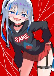 absurdres b_j_blazkowicz black_choker black_hoodie blue_eyes blush choker fins fish_tail gawr_gura highres hololive hololive_english holomyth hood hoodie leaning_forward looking_at_viewer multicolored_hair open_mouth pleated_skirt ponytail red_background red_skirt shark_girl shark_print shark_tail sharp_teeth side_ponytail simple_background skirt streaked_hair tail teeth virtual_youtuber white_hair