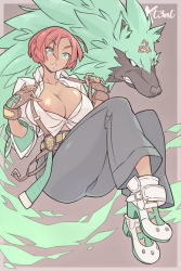 1girl areola_slip arrow_(symbol) bell-bottoms belt black_pants breasts brown_gloves colored_shoe_soles commentary dark-skinned_female dark_skin english_commentary fingerless_gloves floating full_body giovanna_(guilty_gear) gloves green_eyes green_fur guilty_gear guilty_gear_strive high-waist_pants high_heels huge_breasts legs_together multiple_belts no_bra pants partially_unbuttoned pink_lips plunging_neckline police_badge puckered_lips pumps recycling_symbol red_hair rei_(guilty_gear) short_hair sleeves_pushed_up solo_focus suspenders suspenders_pull white_footwear wolf x-t3al