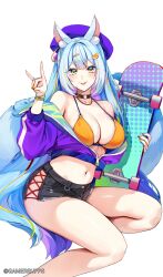 1girl absurdres animal_ears bare_legs bare_shoulders beret bikini bikini_top_only black_choker black_shorts blue_hair breasts choker cleavage closed_mouth clothing_cutout commentary cropped_jacket cutoffs fox_ears fox_girl fox_shadow_puppet fox_tail foxyreine green_eyes hand_up hat highres holding jacket large_breasts long_hair long_sleeves looking_at_viewer midriff multicolored_hair navel off_shoulder orange_bikini original purple_hat purple_jacket short_shorts shorts side_cutout sister_reine_(foxyreine) skateboard smile solo stomach string_bikini swimsuit tail thighs tongue tongue_out two-tone_hair very_long_hair