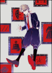 1boy black_jacket black_pants black_shoes black_socks blonde_hair blood blood_on_hands blurry blurry_background broken closed_mouth collared_shirt colored_shoe_soles crack cross crushing dio_brando dress full_body grave hand_in_pocket highres jacket jojo_no_kimyou_na_bouken knife lapels long_sleeves male_focus mizudama necktie notched_lapels open_clothes open_jacket pants phantom_blood picture_frame puffy_pants red_necktie shards shirt shoes short_hair simple_background socks solo star_(symbol) stone_mask_(jojo) tombstone white_background white_shirt wing_collar yellow_eyes