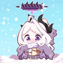 Rule 34 | 1girl, absurdres, ahoge, black halo, blue archive, blush, chibi, demon girl, demon horns, demon wings, full body, halo, highres, hina (blue archive), horns, inkyubeiteo, long hair, purple eyes, snowing, standing, very long hair, white hair, wings, winter uniform